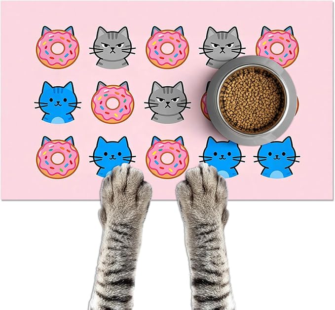 Cat Feeding Mat 24x16 inch Donut Cat Print Pet Bowl Placemat Non Slip Floor Mat by HOMETITUTE