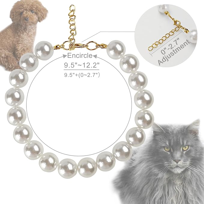 Chunky Pearl Dog Collar for Small Dogs Cats, Adjustable Beaded Dog Collar - Image 2