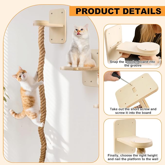 Cat Wall Shelves with 2 x 60 Inch Climbing Rope, Wall Mounted Cat Tree with - Image 4