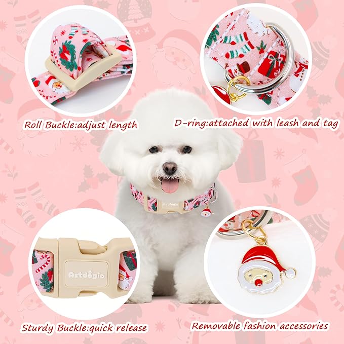 Pink Christmas Dog Collar, Adjustable Cotton Dog Collars - Image 3