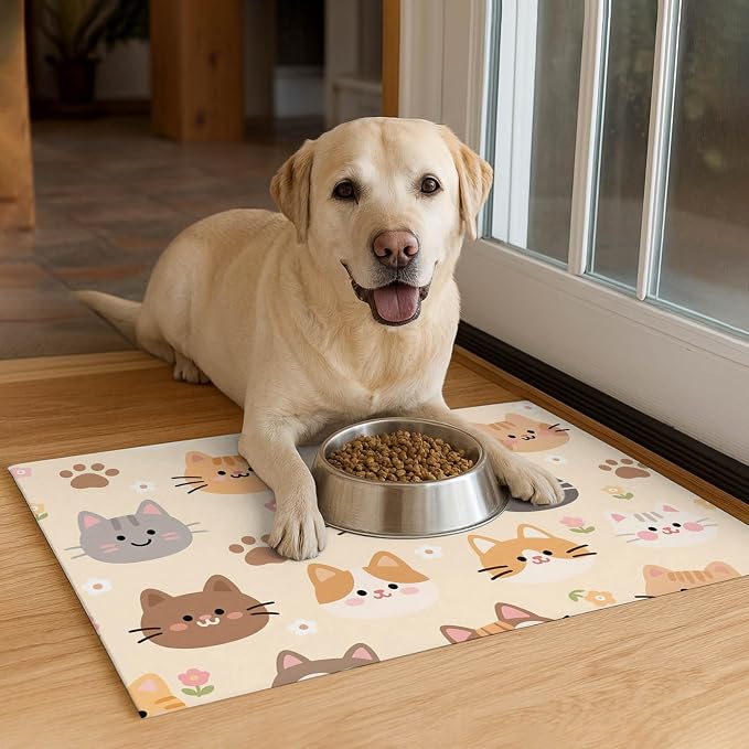 Cat Feeding Mat 24x16 inch Beige Kitten Print Pet Bowl Placemat Non Slip Floor - Image 4