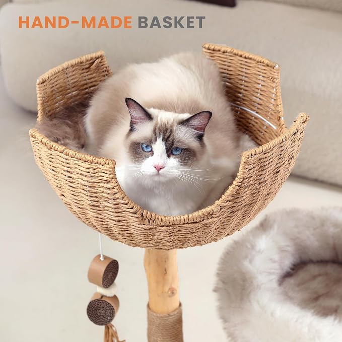 Cat Tree Tower with Two Real Branches, 44 INCH Wood Modern Cat Tower with - Image 6