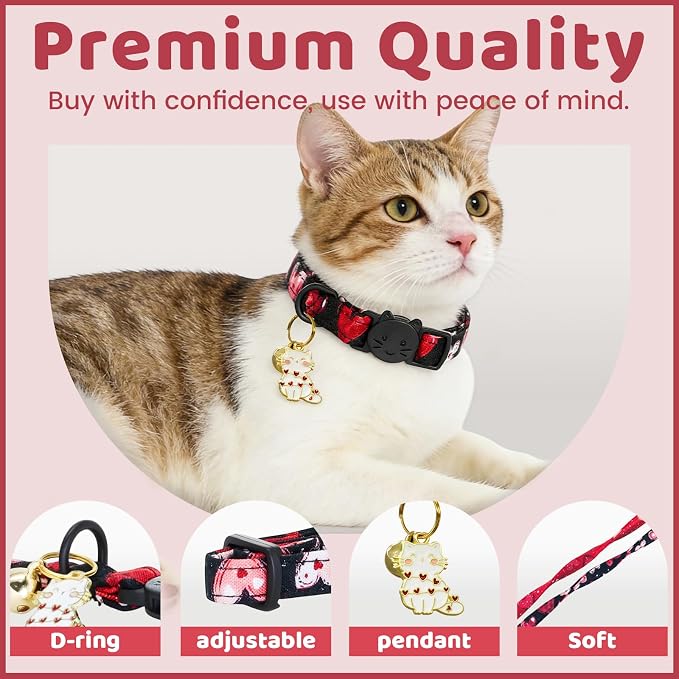 Valentine Cat Collar-2 Pack Collars Red and Black Heart Print Breakaway - Image 2