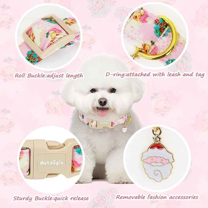 Christmas Dog Collar for Small Dogs, Adjustable Poly-Cotton Fabric Collar