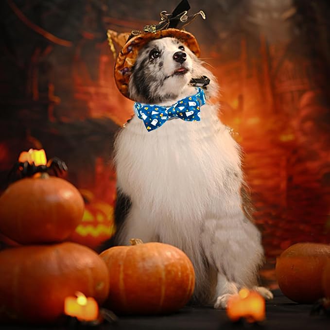 Halloween Dog Collar, Ghost Print Adjustable Pet Collar Blue Cute Cotton Soft - Image 5