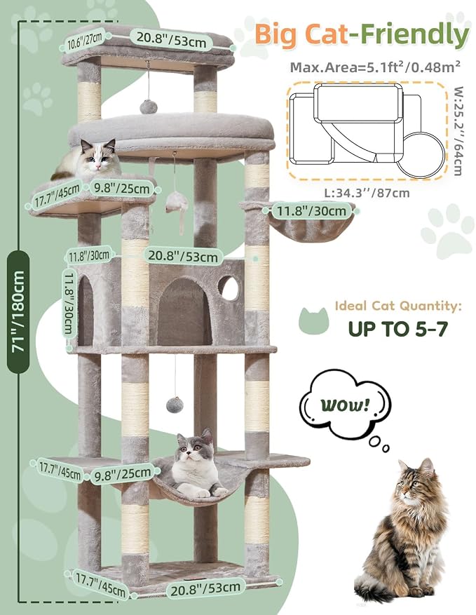 Taoqimiao 71 Inches Cat Tree for Large Cats 20lbs+, 3 Giant Perches, Widened - Image 2