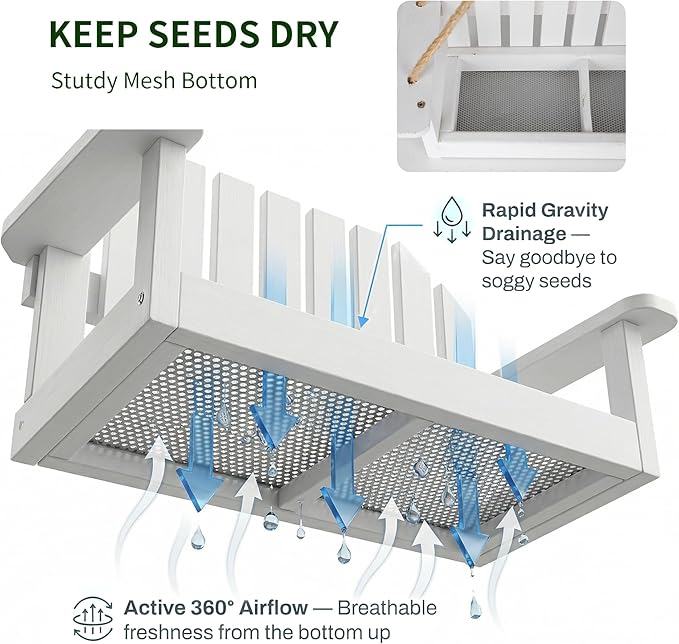 Solution4Patio White Swing Bird Feeder, Squirrel-Proof Metal Mesh Tray - Image 3