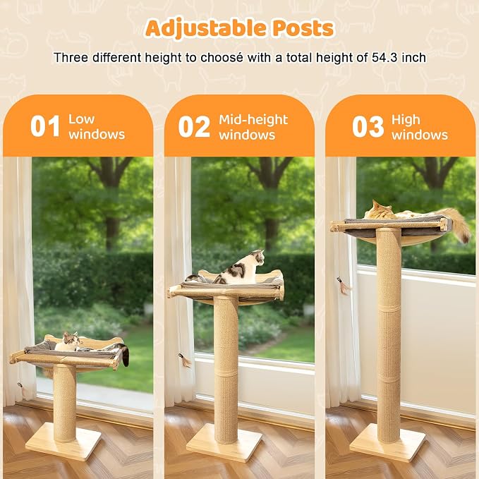 54.3" Cat Window Perch with 3 Adjustable Roman Column Sisal Posts, Drill-Free - Image 8