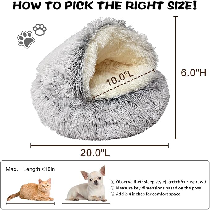ShinHye Cat Bed Round Plush Fluffy Hooded Cat Bed Cave, Cozy - Image 2