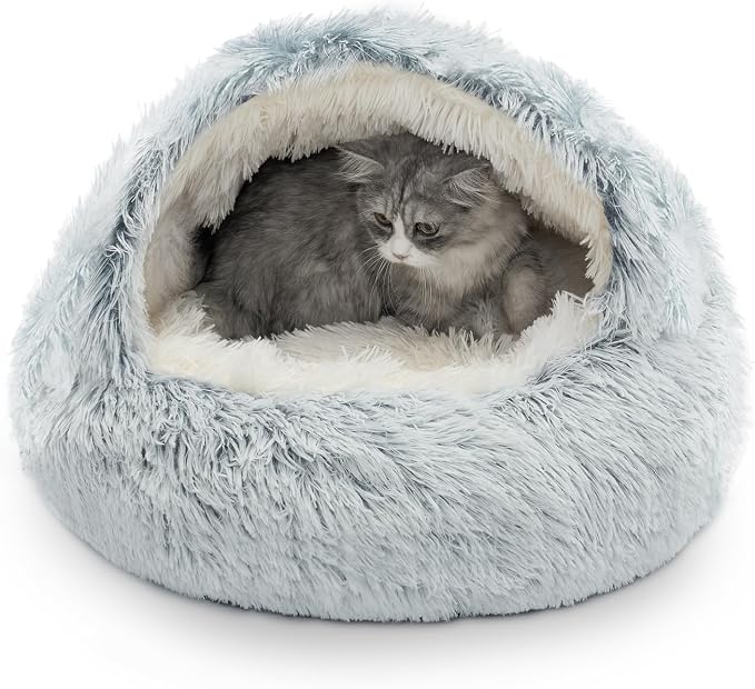 CATISM Cozy Plush Hooded Cat Bed, Indoor/Outdoor, Self-Warming Cave, Removable by Petsfriend