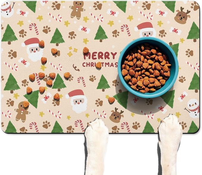 Christmas Dog Food & Water Mat, Paw Prints Santa Claus Snowman Xmas Pet Feeding - Image 7