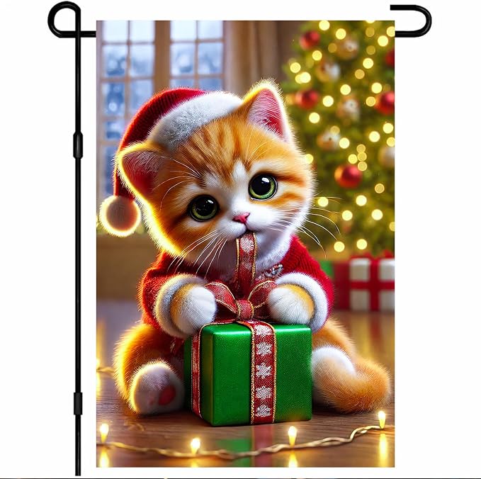 Christmas Garden Flag 12x18 Inch Cute Kitten Gift Flag Double Sided Holiday Cat by BlissYard