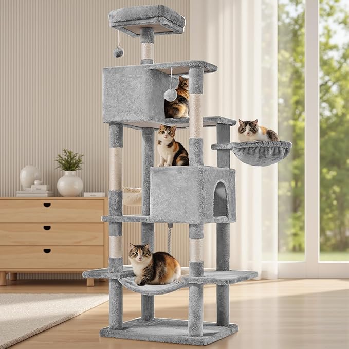 Large Cat Tree 66 Inch, Sisal Scratching Posts and Hammock, Pet Play House by Aidoly
