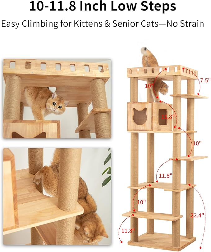 74" Wooden Cat Tree Tower for Large Cats, Cat Condo & Hammock, Natural Wood Cat - Image 12