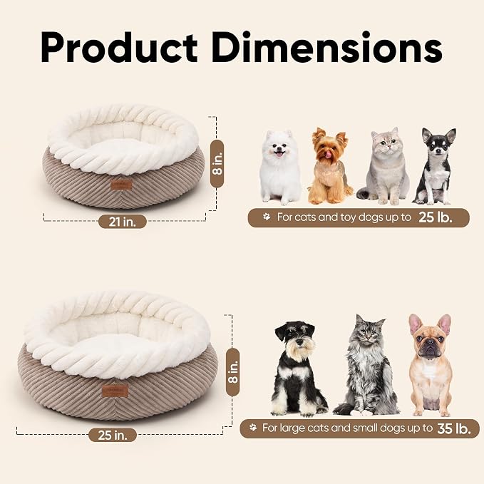 FUKUMARU Dog Bed, Calming Donut Dog Beds, Plush Faux Fur&Corduroy Cat Beds - Image 6