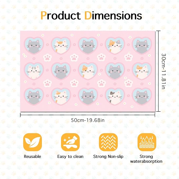 Cat Feedings Mats 20x12 inch Pink Kitten Print Pet Bowl Placemat Non Slip Mat - Image 6