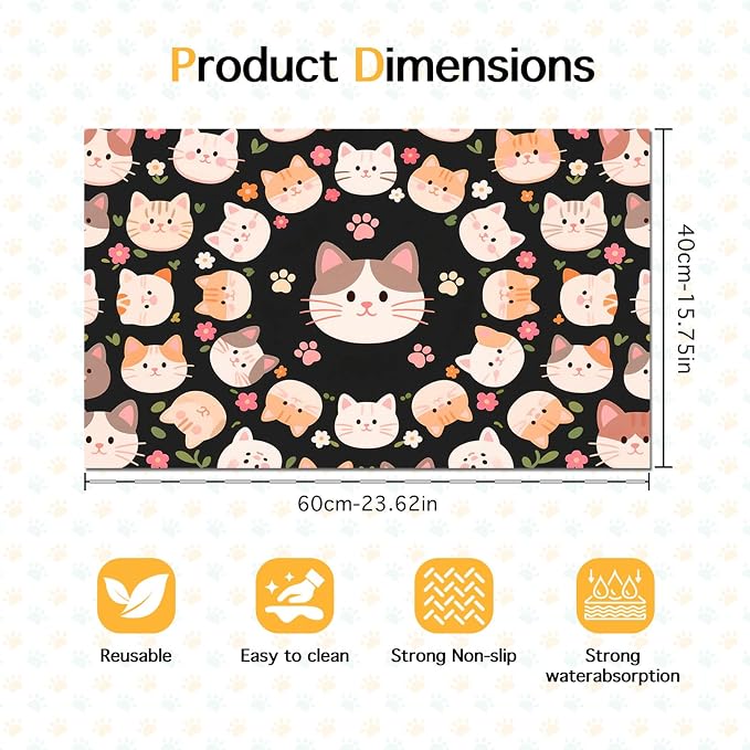 Cat Feeding Mat 24x16 inch Black Kitten Print Pet Bowl Placemat Non Slip Floor - Image 6