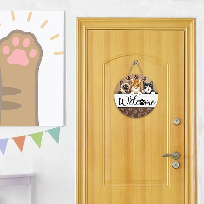 Deroro Welcome Cats Front Door Sign, Paw Prints Wood Door Hanger Outdoor - Image 4