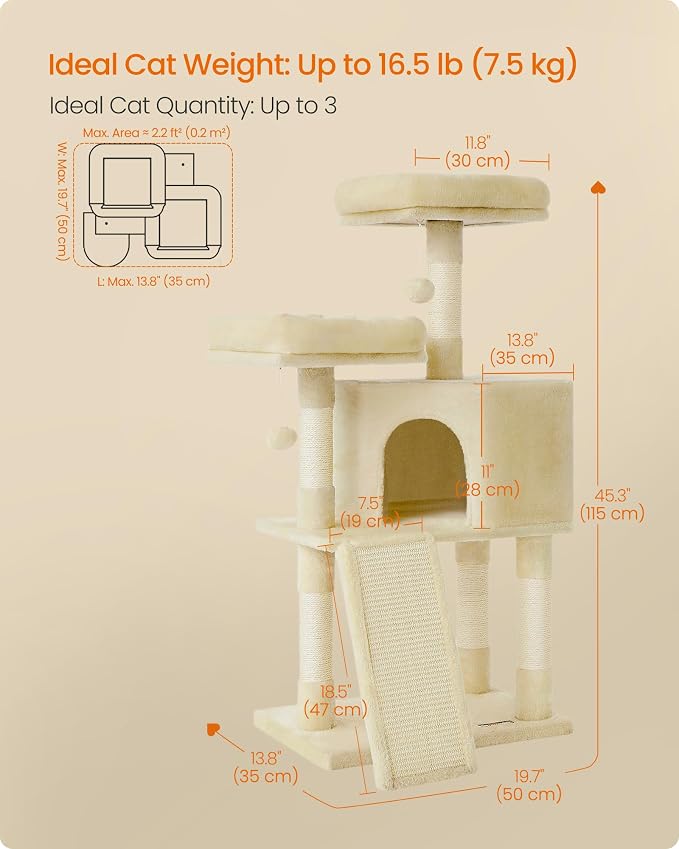 Feandrea Cat Tree, 45.3-Inch Cat Tower, Plush Condo - Image 5