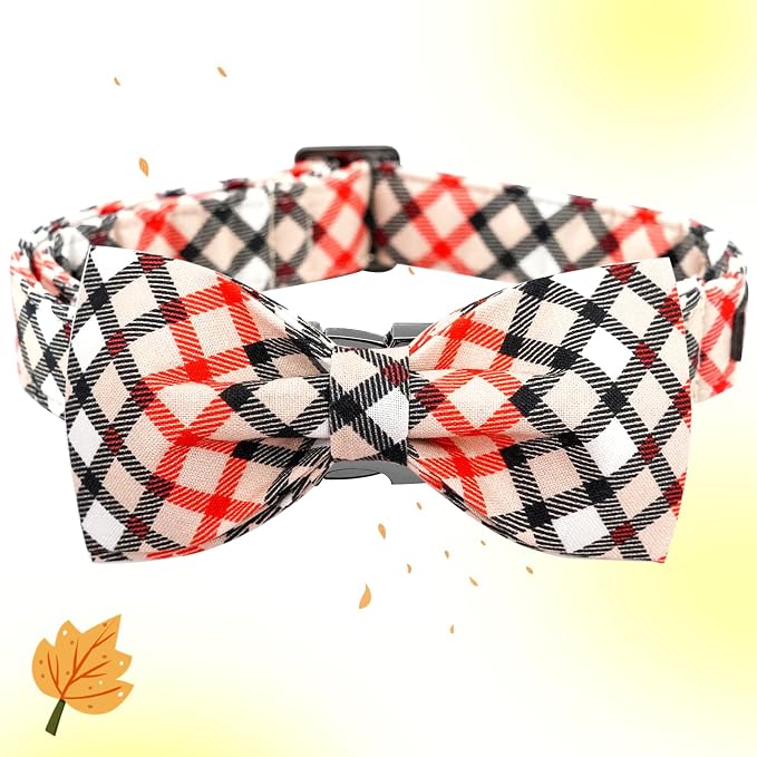Dog Collar, Bow Dog Collar Beige Plaid Pet Collar Cute Pet Bow Soft Girl or Boy - Image 3