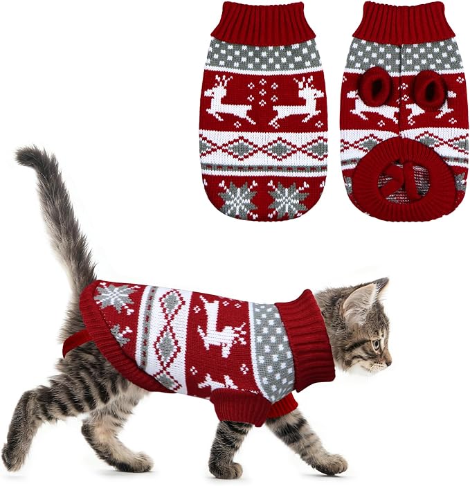 Cat Christmas Sweater Pet Winter Warm Coat Pajamas Reindeer Snowflake Knitwear by GOYOSWA