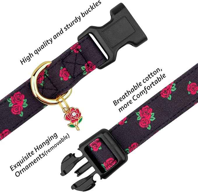 Cotton Handmade Dog Collar Cute and Distinctive Patterns Black Rose