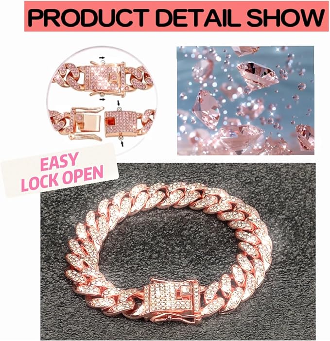 Dog Collar Cuban Link Rose Glod Crystal Dog Necklace Metal Chain Collar - Image 5