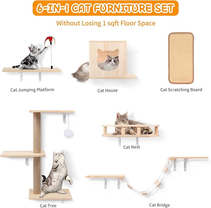 Cat Wall Shelves, Solid Wooden Wall-Mounted Cat Furniture, Steps and Scratcher - Image 5