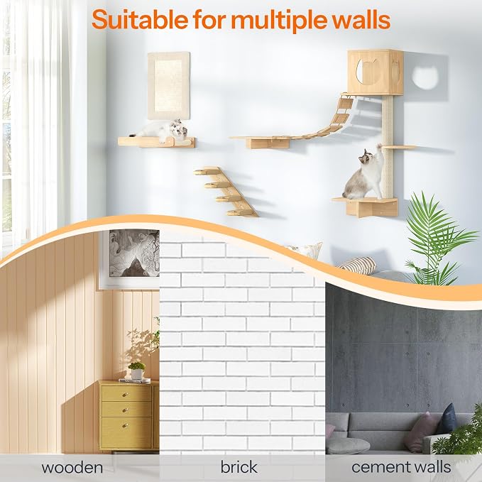 HOOBRO Wood Cat Wall Shelves, Plush Hammock, Scratcher and Climbing Shelves - Image 5