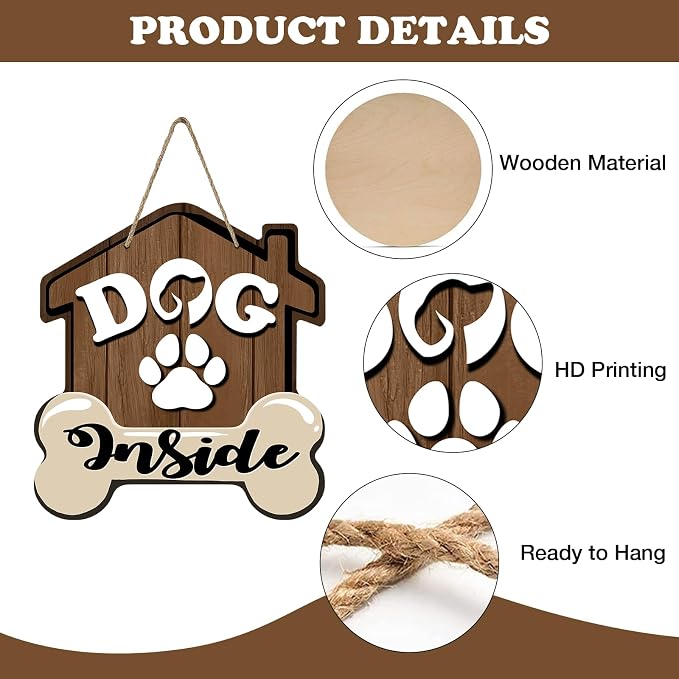 Dog Inside Front Door Sign, Doghouse Bone Paw Prints Wood Door Hanger Outdoor - Image 3