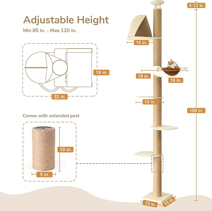 FUKUMARU Floor to Ceiling Cat Tree, 6 Level Adjustable Height Climbing Tower - Image 2