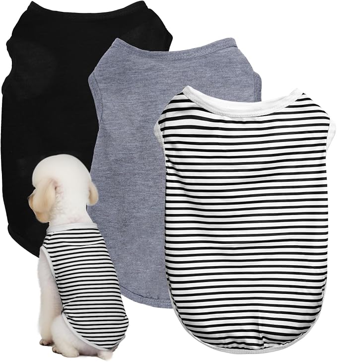 3 Pcs Cat Shirts Solid Color Dog Clothes Summer Sleeveless Stripe Pet T Shirts by choyaxo