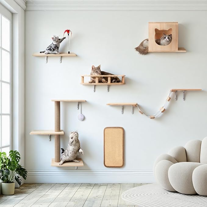 Cat Wall Shelves, Solid Wooden Wall-Mounted Cat Furniture, Steps and Scratcher by %E2%80%8B%E2%80%8BPawCozy%E2%80%8B%E2%80%8B
