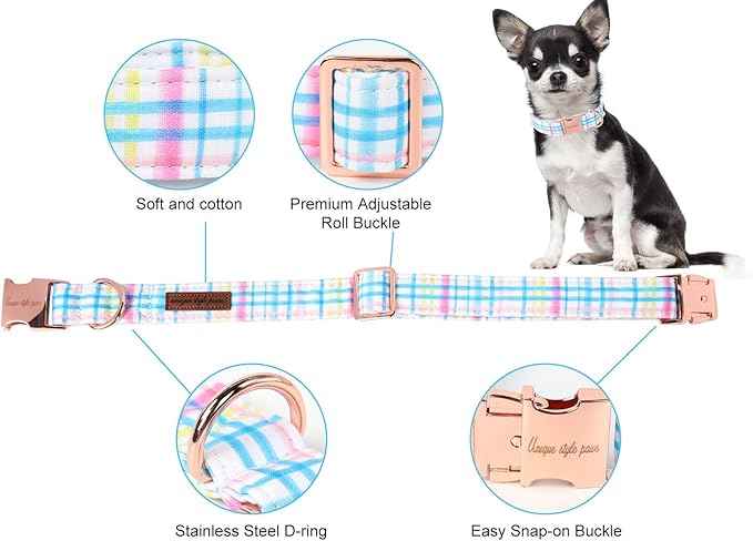 Unique style paws Dog Collar Metal Buckle Blue Pink Grid Collar Gift Durable