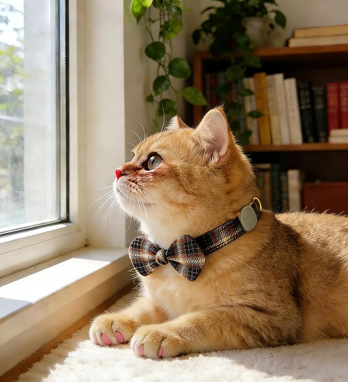 Cotton Bowtie Cat Collar with Bell 2 Pack Plaid Breakaway Kitten Collars with - Image 4