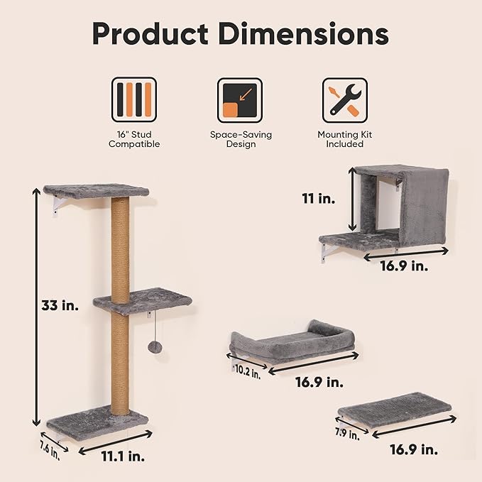 FUKUMARU Cat Wall Shelves, Stable & Safe 4 in 1 Cat Wall Mounted Furniture Set - Image 5