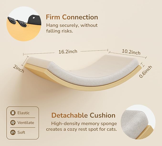 Cat Window Perches, Curved Cat Wall Beige Bed and 2 Floating Wall Steps - Image 4