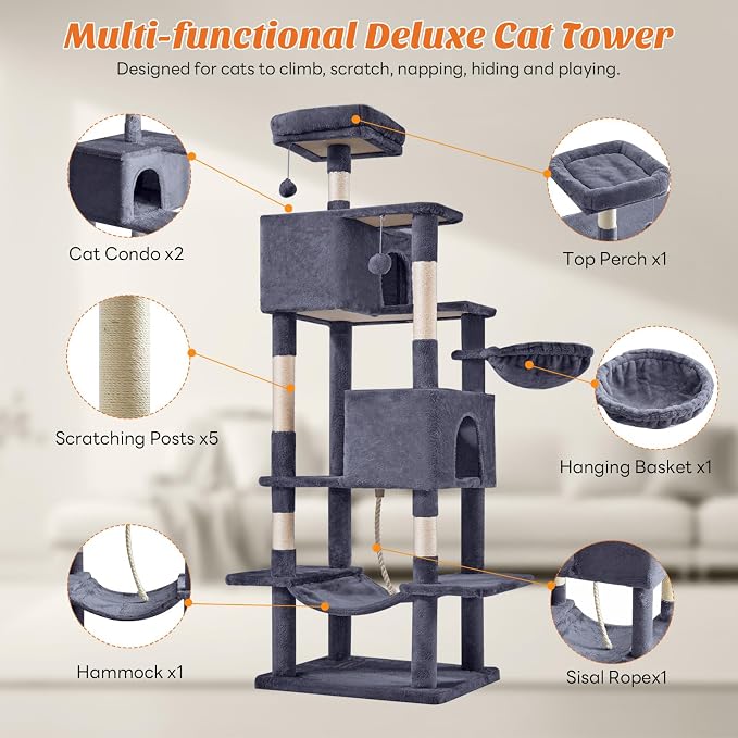 Large Cat Tree 66 Inch, Sisal Scratching Posts and Hammock, Pet Play House - Image 4