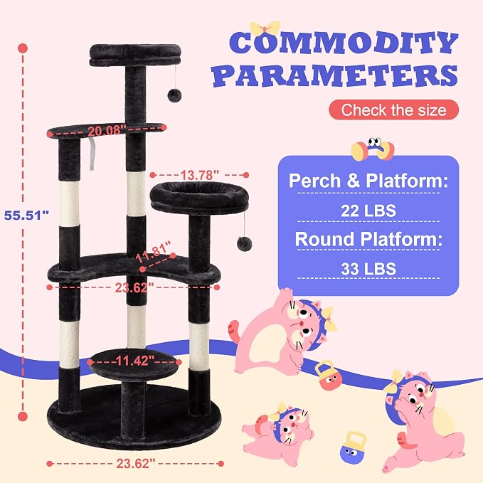 Allewie 55.5 in Cat Tree for Indoor Kitties/Soft Plush Perches/Multi-Level Cat - Image 7