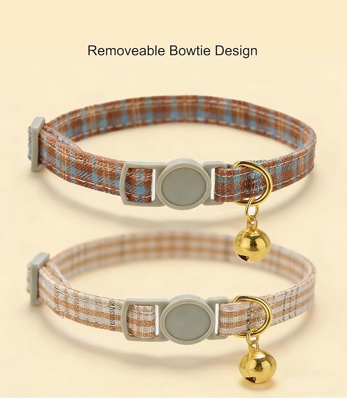 Cotton Bowtie Cat Collar with Bell 2 Pack Plaid Breakaway Kitten Collars with - Image 6