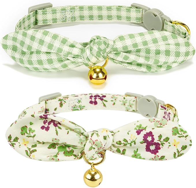 Bowtie Cat Collar with Bell, 2 Pack Cotton Breakaway Kitten Collars with by YUDOTE