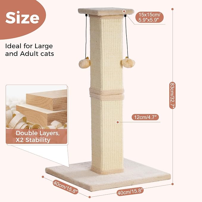 Large Cat Scratching Post with Heavy Duty Base 33" Sturdy Square Sisal Scracher - Image 2