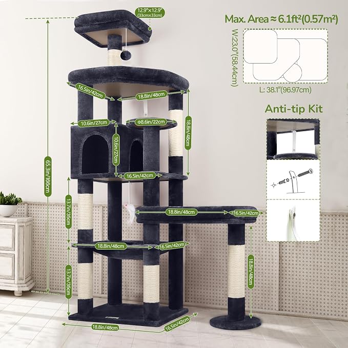 Globlazer Extra Large Platform Cat Tree, 65in Sturdy Cat Scratching Tree - Image 7