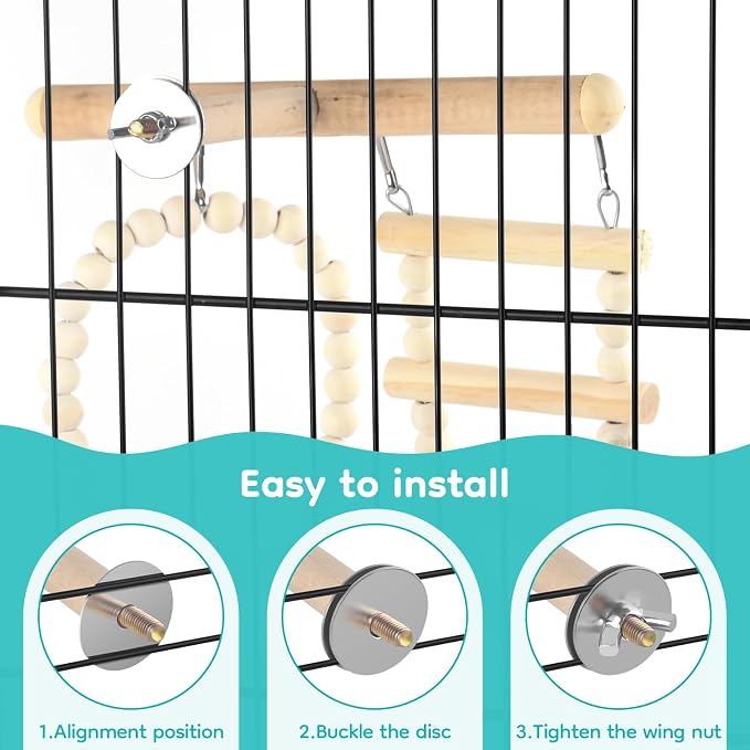 5in1 Bird Perch Ladder with Swing, Natural Wood Parrot Perches Platform with - Image 4