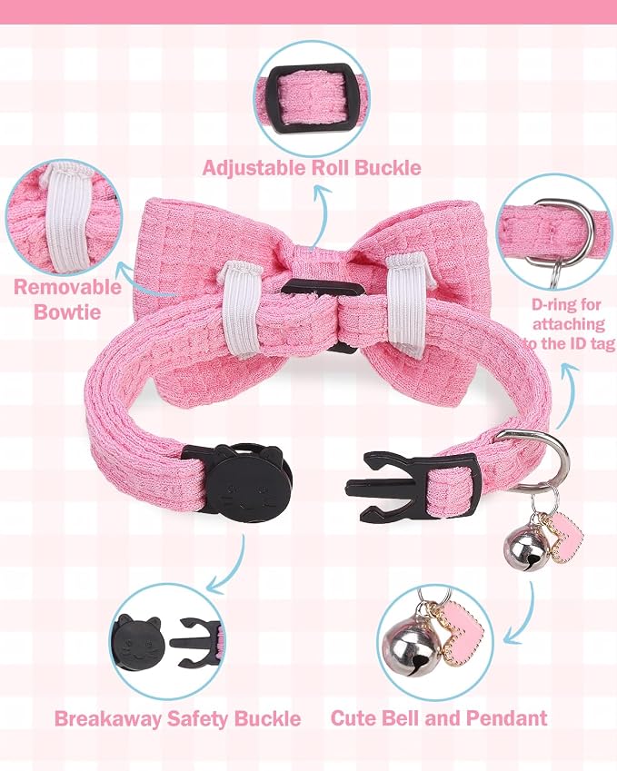 Cat Collar Breakaway with Bells, Soft Cotton Pink Cat Bowtie Collar - Image 2