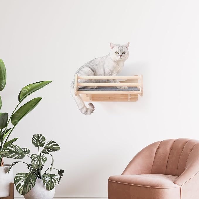 Pine Cat Wall Shelves with Scratch Mat, Wall-Mounted Cat Shelves, Space-Saving - Image 7