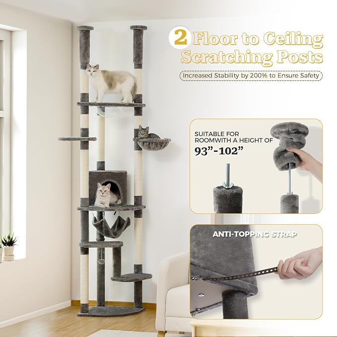 PETEPELA Floor to Ceiling Cat Tree, 92.9''-101.6''Height Adjustable Cat Tower - Image 3