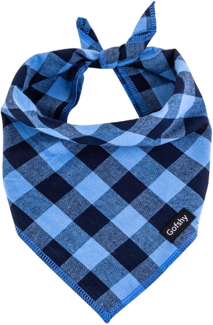 Boy Dog Bandana Small-Blue Black Dog Scarf Buffalo Plaid Printing Adjustable by Gofshy