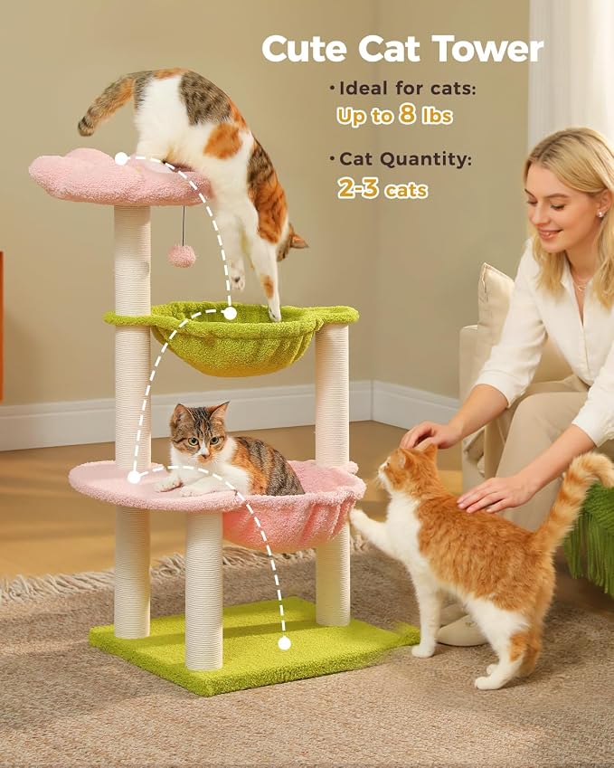 Flower Cat Tree with 2 Large Hammocks, 37.4" Small Cat Tower - Image 2