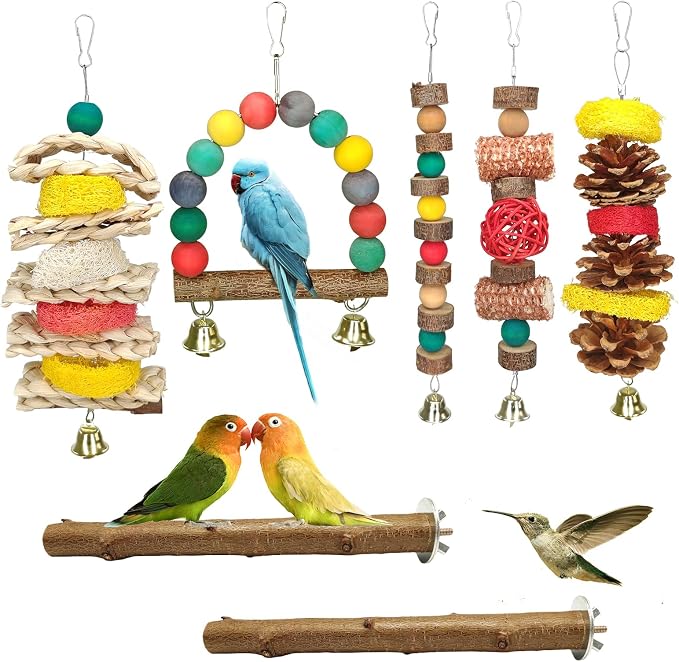 JOREWOOD 7 Pcs Natural Wood Bird Toy & Perch by JOREWOOD
